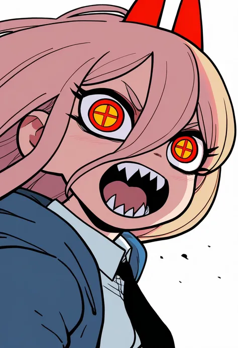 best quality, amazing quality, very aesthetic, absurdres,
BREAK
1girl, power \(chainsaw man\), pink hair, blonde hair, red horns, red eyes, cross-shaped pupils, long hair, sharp teeth, hair between eyes, symbol-shaped pupils,
collared shirt, black necktie,...