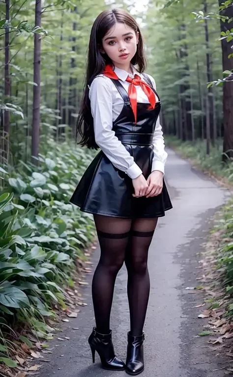   side corner,  cute curvy beautiful lolly schoolgirl,   cute lolly face big lips ,  chubby cheeks,  Shiny short blue leather pinafore,   transparent white blouse , brunette long hair,  stockings,  Standing in the forest,  red silk pioneer neckerchief,  ph...