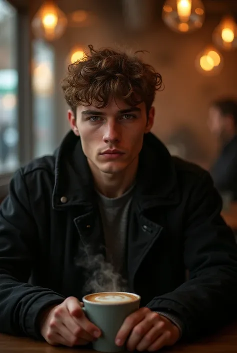 Create me a picture of a 20 year old boy, who is sitting in a cafe, The light is dim, but you can see his face clearly, the photo must be full length and alive,  of Russian appearance 