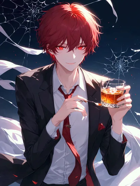 
"Extremely detailed anime-style illustration of a lone male character. He has sharp eyes and a cold smile, wearing an elegant deep black suit with a crimson tie. He holds a whiskey glass in his hand, with intricate lighting and soft shadows enhancing the ...