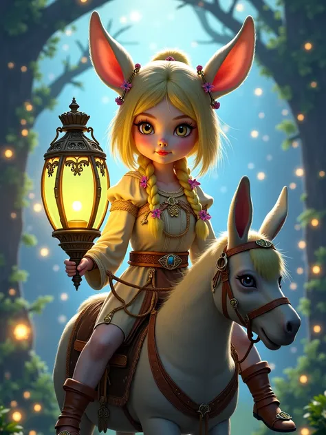 A highly detailed and realistic full body portrait of a Shai character from Black Desert Online. She looks young like a  . She is riding a pretty donkey. She has a youthful, adorable face with large, expressive eyes and soft, round cheeks. Her golden-yello...