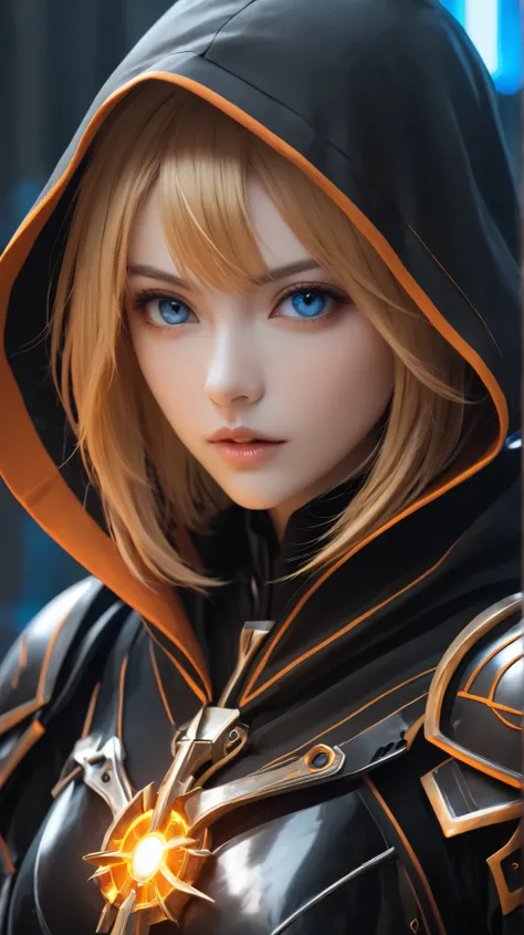  female Templar in black armor ,  short golden hair and blue eyes 、And hood ,  has an orange energy sword, close-up, Unreal Engineスタイルの,  cinematic lighting ,  blurry sci-fi background . 