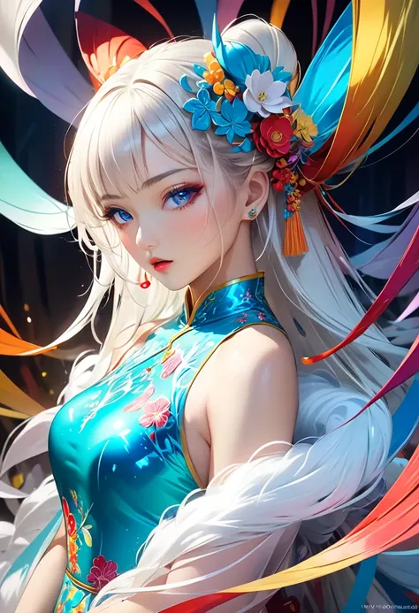 ultra detailed, absolutely resolution, masterpiece. 
cool beauty, white shining glossy silky fluffy half updo, captivating eyes, sexy beauty expression, lewd great body proportion, wearing colorful color ao dai. 
wonderland, various effects. 
extremely del...