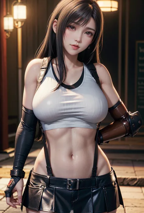 (, blush, 20yo, narrow eyes) (Photorealistic: 1.4), Solo, Top Quality, Very Delicate and Beautiful, High Definition, 1girl, tifa_lockhart, Smile, Cowboy Shot, Suspenders, Low Rise, Mini Skirt, white Tank Top, Tense Shirt, Black Hair, Long Hair, Elbow Glove...