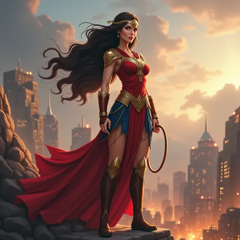 A heroic warrior princess with long dark wavy hair, wearing a red and blue outfit, standing on a skyscraper in a modern city, holding a lasso, glowing energy, cinematic lighting, realistic and detailed style, urban and dynamic atmosphere, square format.