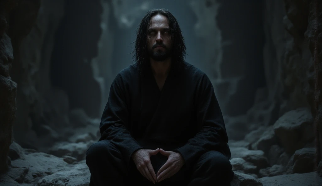 A man wearing a black robe with long straight hair with an inverted salip tattoo mark on his forehead one eye his blind bearded nose sitting on a rock with both hands clasped chain The dark atmosphere inside the old temple looks real