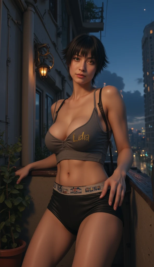 Chinese girl, athletic body, light blue eyes, black hair, short and modern haircut, big breasts, wearing short shorts and a tight top written “Lidia”, big and attractive thighs, in a sensual pose, at night on the balcony of the apartment