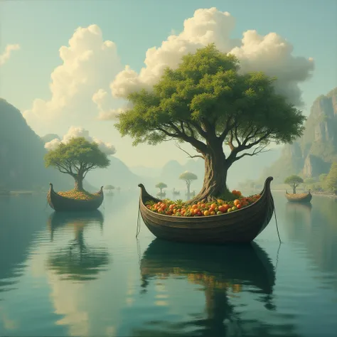 surreal painting of multiple tree boats floating over a magical lake, the boats have giant fruit trees inside them, the tree crowns are made of clouds, classic art, dreamy, surreal, photorealistic, magical, esoteric, symbolism