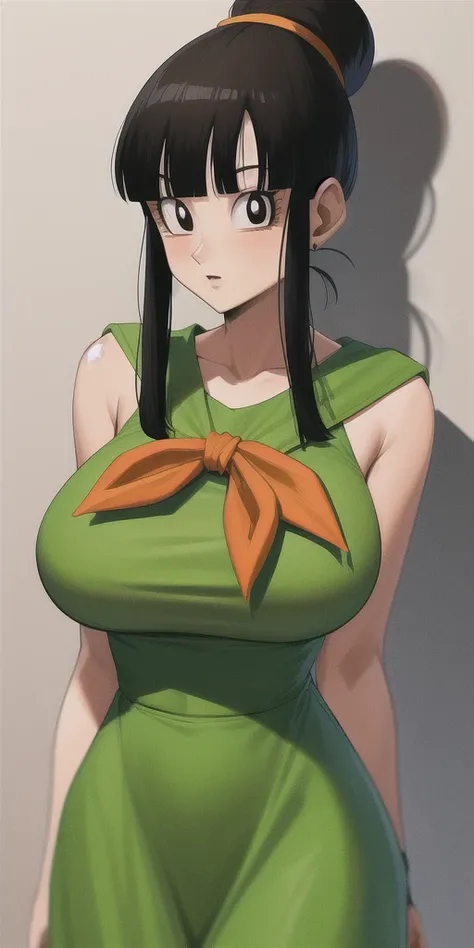 chichi_dbz, standing, solo, large_breasts, green_Dress_Orange_Neckerchief, naked, masterpiece, best quality, detailed face, detailed eyes, highres,