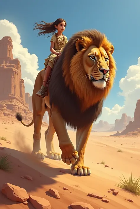 a girl is riding a giant lion in the desert