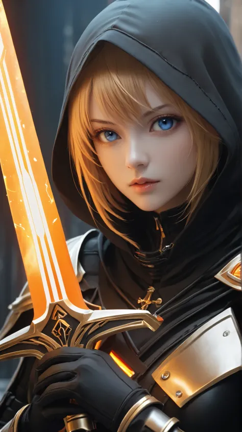  female Templar in black armor ,  short golden hair and blue eyes 、And hood ,  has an orange energy sword, close-up, Unreal Engineスタイルの,  cinematic lighting ,  blurry sci-fi background . 