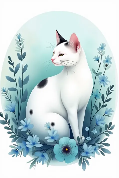 A white cat with black spots between flowers in shades of aqua and blue drawn in watercolor in a circular frame