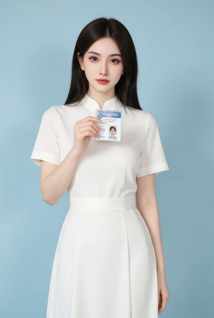  Professional close-up portrait photograph of a beautiful Asian girl wearing long white Vietnamese dress,  her holding ID card , simple light blue background 