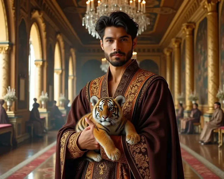 A young man stands regally in an opulent palace, resembling a noble or prince, surrounded by lavish decorations. He is dressed in an intricate, gold-embroidered robe, his dark hair perfectly styled and complemented by a well-groomed, light beard. In his ar...