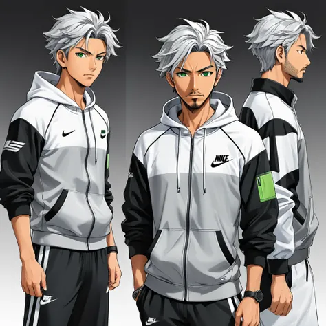 Nino is a 40-year-old man, strong, athletic and handsome. He is a dark man with some gray hair, a beard, green eyes and a somewhat tanned complexion. He is an athletic man and full of energy. He is dressed in a gray Nike tracksuit and white Nike sneakers. ...