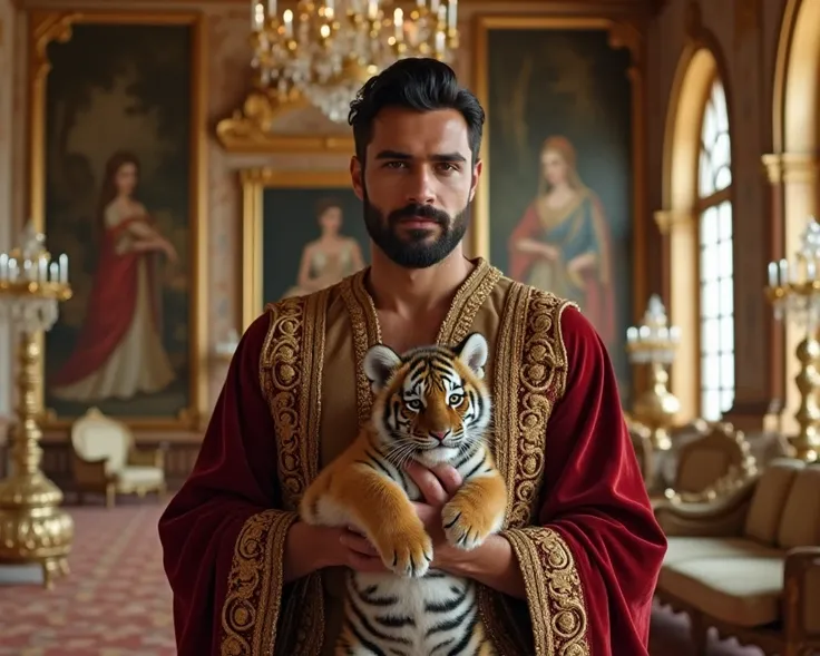 A young man stands regally in an opulent palace, resembling a noble or prince, surrounded by lavish decorations. He is dressed in an intricate, gold-embroidered robe, his dark hair perfectly styled and complemented by a well-groomed, light beard. In his ar...