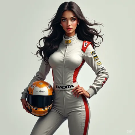 a racer woman wearing racing suite, stand and pose in medium shot, holding a racing helmet on side, long black hair