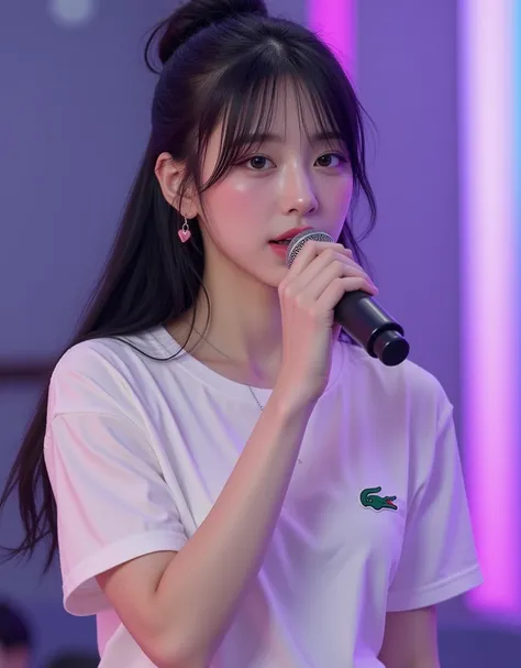 (A Korean college girl with super cute big boobs is singing enthusiastically on the microphone:1.2)( Carefree Smile:1.2)(16k,  RAW photos ,  top quality,  Masterpiece: 1.2),( glossy black hair cute bun hair )  Super Detail,  super resolution on the floor, ...