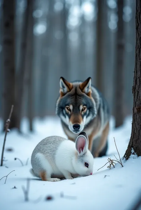 The white rabbit is digging in the snow, unaware that a grey wolf is lurking behind the trees, quietly observing. The wolf's fur is a mix of grey with some dark patches, its body large and muscular, with sharp eyes staring at the rabbit. The forest is stil...