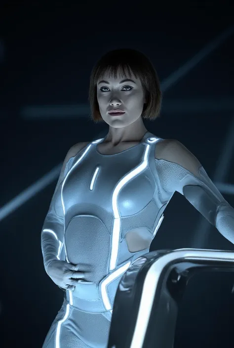 Olivia wilde (short black bobbed hair) wearing a sexy transparent white tron legacy style layex lingerie costume. 