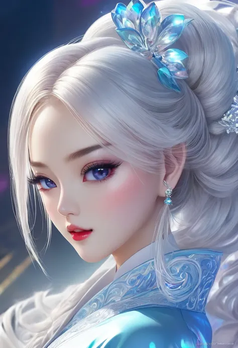 ultra detailed, absolutely resolution, masterpiece. 
cool beauty, white shining glossy silky fluffy half updo, captivating eyes, sexy beauty expression, lewd great body proportion, wearing colorful color ao dai. 
wonderland, various effects. 
extremely del...