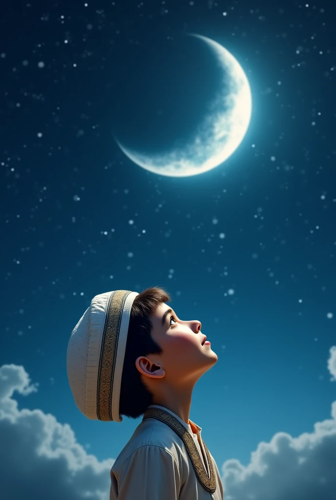 A boy with islamic cap looking at moon