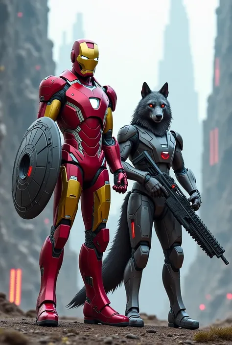 Create an Iron Man, Holding a shield,  a futuristic rifle , next to you a gray wolf in armor, in high quality,  very detailed, Very high budget 