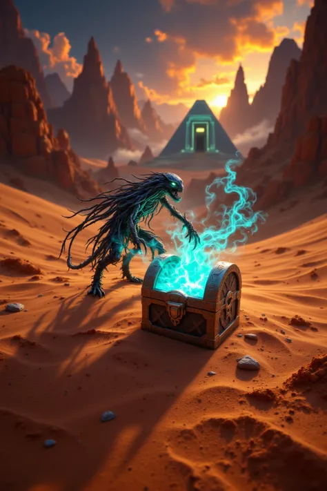 A mystical creature of the sand , with two magical claws ,guarding a illuminated turquoise lightening tresor chest. The background features vast desert dunes and pyramids, a temple,  under a golden sunset, with warm light illuminating the scene and casting...