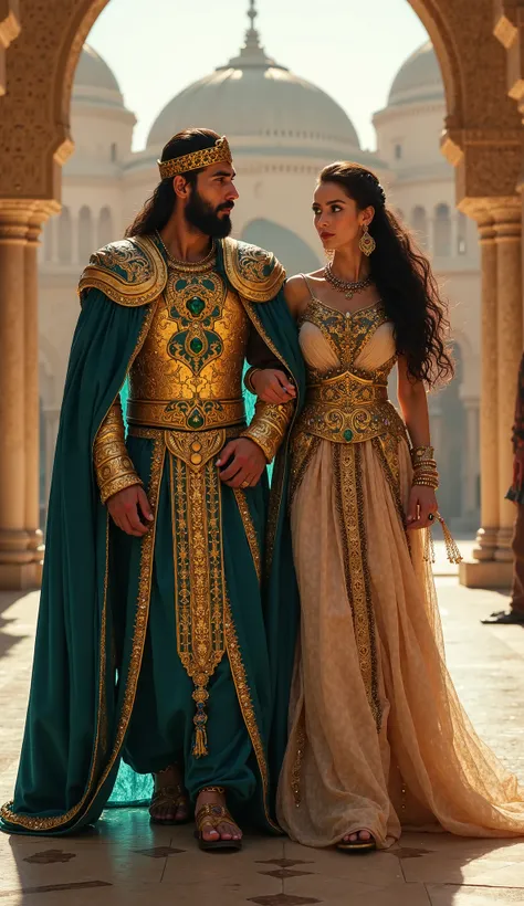 Arabian Sultan & Desert Queen
A mighty Arabian sultan with golden armor, a deep blue and gold-trimmed robe, and an emerald crown, walking with beside his enchanting queen with flowing dark hair and intricate golden jewelry. The grand palace of Alhambra shi...