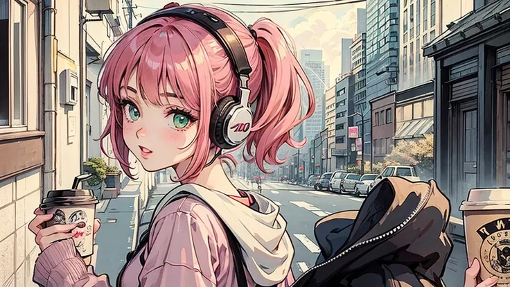  1 girl like Anya,  anime style, I have headphones on,  holding coffee in hand, Retro,  LoFi,Her hairstyle is pink,Famous anime,spy anime, looking back,Eye color is green