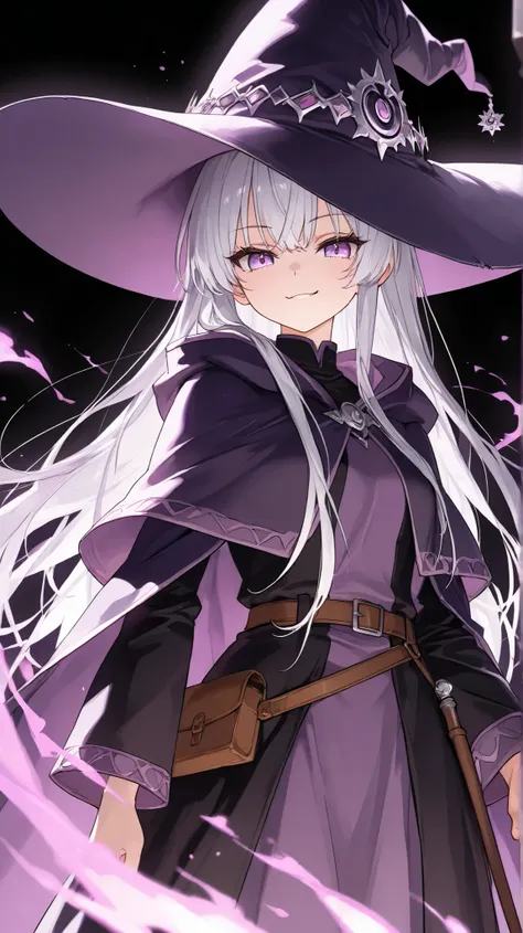   An anime HD movie scene of a mysterious 20 year old long silver hair female witch with bright light purple eyes wearing high detailed purple medieval clothes with black details and a purple witch hat with black details  while standing in an intimidating ...