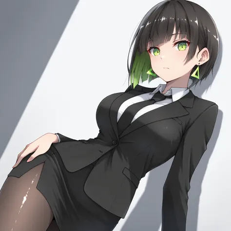 masterpiece, (((( best quality )))),1 girl, Japanese Anime ,,shiny skin, wearing a black suit,skirt suit, black tie , dark hair, short bob hair,The inner color of the hair is green, green eyes,isosceles triangle earrings, black tights,large breasts