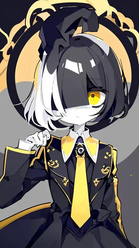 (highest quality,masterpiece:1.2) (((1 littlegirl))) (suit) short hair,black hair,yellow eyes,elegant,beautiful eyes,beautiful hair,smooth skin,((low length))((hair above one eye, one eye covered)) (introverted look)upper body visible(((cute face))),