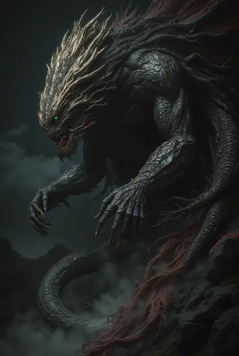 a monstrous half-human, half-serpent creature, typhon and beautiful echidna, greek mythology, highly detailed, intricate, dramatic lighting, intense colors, dark fantasy, cinematic, concept art style, epic, grandiose, large scale, powerful, imposing, mythi...