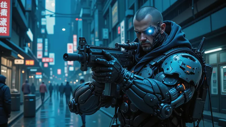 Cyberpunk Futuristic City, Blue tons, obscure, a dark fog covers the city, dark night, landscape, the streets are wet because it just rained, Lots of neon lights on the storefronts, in the background of the image a man with a body 100% mechanic, mecha b...