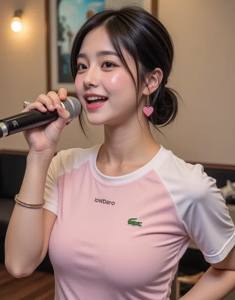 (A Korean college girl with super cute big boobs is singing enthusiastically on the microphone:1.2)( Carefree Smile:1.2)(16k,  RAW photos ,  top quality,  Masterpiece: 1.2),( glossy black hair cute bun hair )  Super Detail,  super resolution on the floor, ...