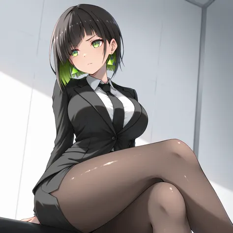 masterpiece, (((( best quality )))),1 girl, Japanese Anime ,,shiny skin, wearing a black suit,skirt suit, black tie , dark hair, short bob hair,The inner color of the hair is green, green eyes,isosceles triangle earrings, black tights,large breasts