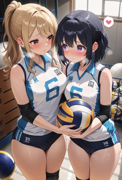 masterpiece, best quality, amazing quality, 2 girl, (gyaru:1.2), volleyball uniform, buruma, holding ball, (yuri:1.2), hugging each other, holding ball, (young women:1.2), thick thighs, Collared volleyball uniforms, sleeveless, (buruma:1.2), volleyball kne...