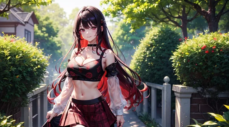 1girl, summer, trees, house, fantasy landscape, red strait hair, long hair, large full breasts, purple eyes, ((black crop top)), ((black and red pattern skirt)), ((cleavage)), smile, looking at the viewer, standing, walking, perfect quality, clear focus (c...