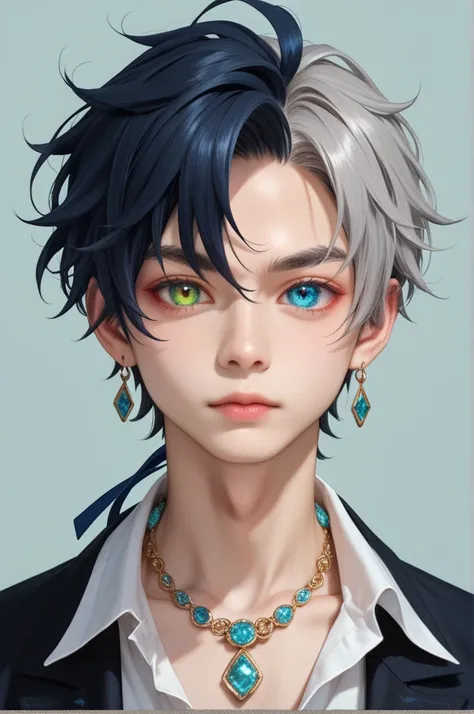 1boy, Young adult man. Mysterious almond eyes. Stoic expression. Expressionless. Sharp jaw. Short messy hair with a small tail behind his neck. Two toned hair. Dark Black and light grey hair. Bangs part in the middle on his forehead. Perfectly shaped eyebr...