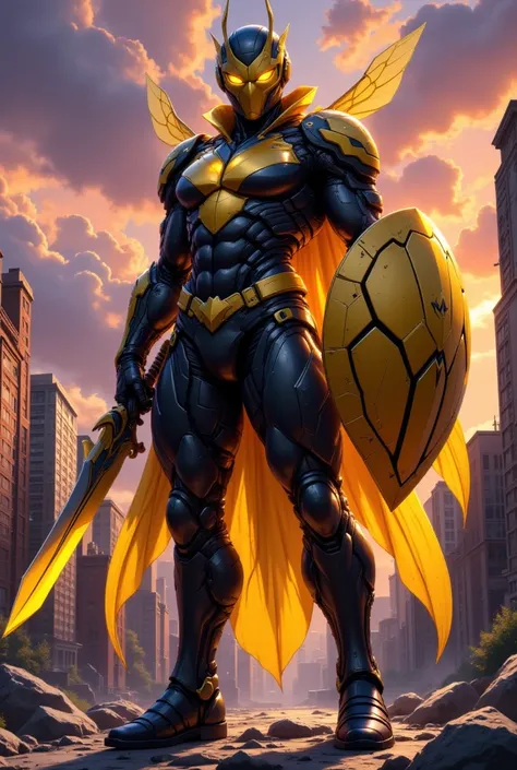 Here are three creative prompts based on your description of a superhero inspired by wasps, incorporating all the specified elements: Prompt 1: "The Wasp Warrior"
Create a high-resolution digital artwork featuring a wasp-inspired superhero standing confide...