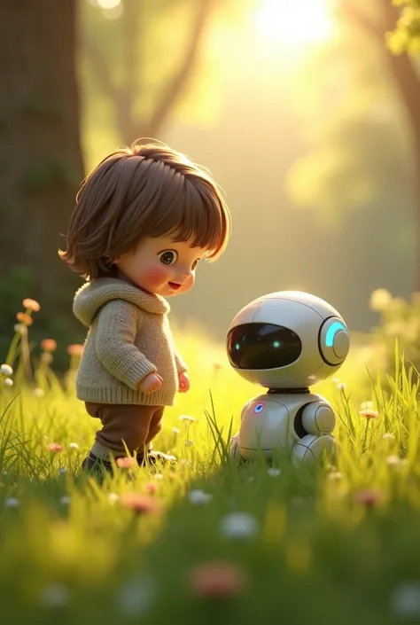 "A young  with short, wavy brown hair and bright, curious eyes, wearing a cozy sweater and small shoes, standing in a lush green meadow. The ’s expression is full of wonder as they carefully step toward a small, futuristic robot partially hidden behind tal...