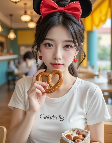 (Super cute busty Korean college girl is eating pretzels at a beautiful sunny Disneyland restaurant:1.2)(Happy smile:1.2)(16k,  RAW photos ,  top quality,  Masterpiece: 1.2),( glossy black hair cute bun hair )  Super Detail,  super resolution on the floor,...