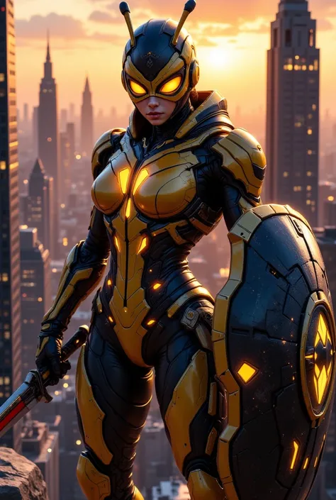 Design an epic digital artwork featuring a superhero inspired by wasps, positioned confidently in the center of the composition. His muscular frame is encased in an elaborate yellow and black armor, reflecting the colors of his insect counterpart. The exos...