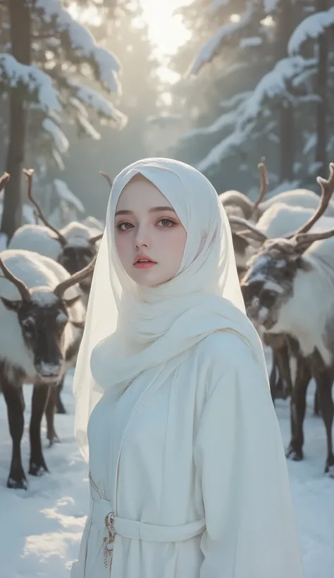 Quality_masterpiece, Anatomically correct, Beautiful face, Perfect face, Highly detailed beautiful face and eyes, Attractive face, Detailed face, Delicate facial features, Detailed skin, a woman with white hijab, she has brown eyes, pale lips, perfect faci...