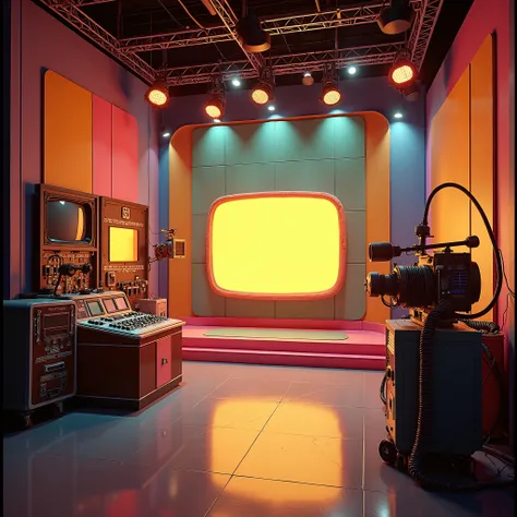 A retro-styled scenario from the show Press Play with more details of studio TV without people