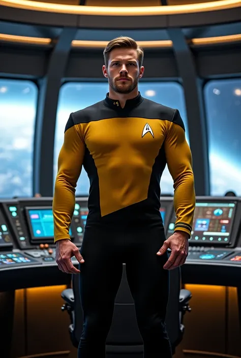 Male Starfleet helmsman officer who is muscular and military style haircut and wearing his gold shirt standing in his seat on the bridge on his starship 