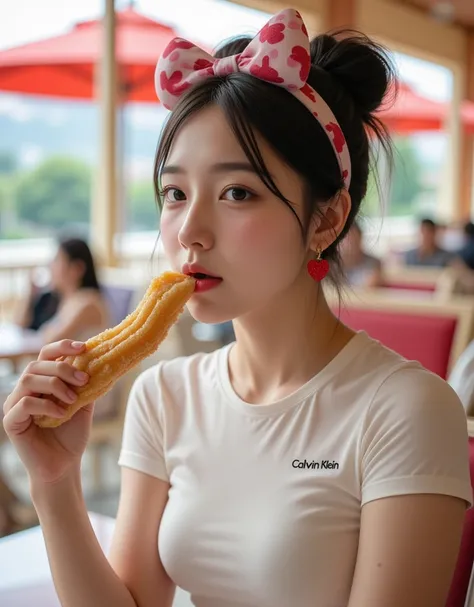 (Super cute busty Korean college girl is nibbling on big churros at a beautiful sunny Disneyland restaurant:1.2)(A carefree and innocent smile:1.2)(16k,  RAW photos ,  top quality,  Masterpiece: 1.2),( glossy black hair cute bun hair )  Super Detail,  supe...