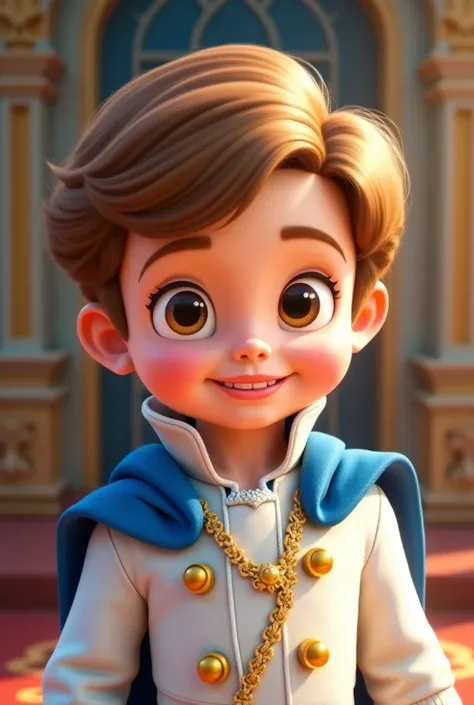 Baby prince cartoon style light brown hair honey eyes and white and royal blue clothing 