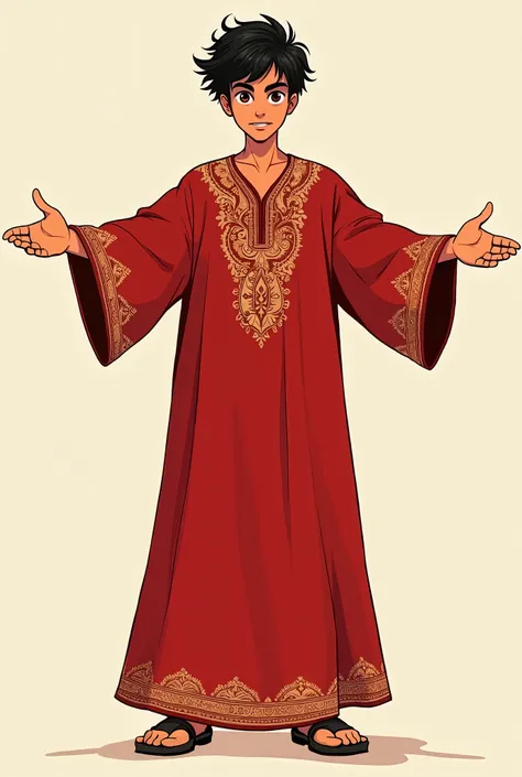 To create a T-pose for your character in manga style, here's an adjusted prompt:

Prompt for T-pose character:

"A manga-style character in a T-pose. The character is a young Moroccan man named Youssef, wearing a red djellaba with golden embroidery on the ...